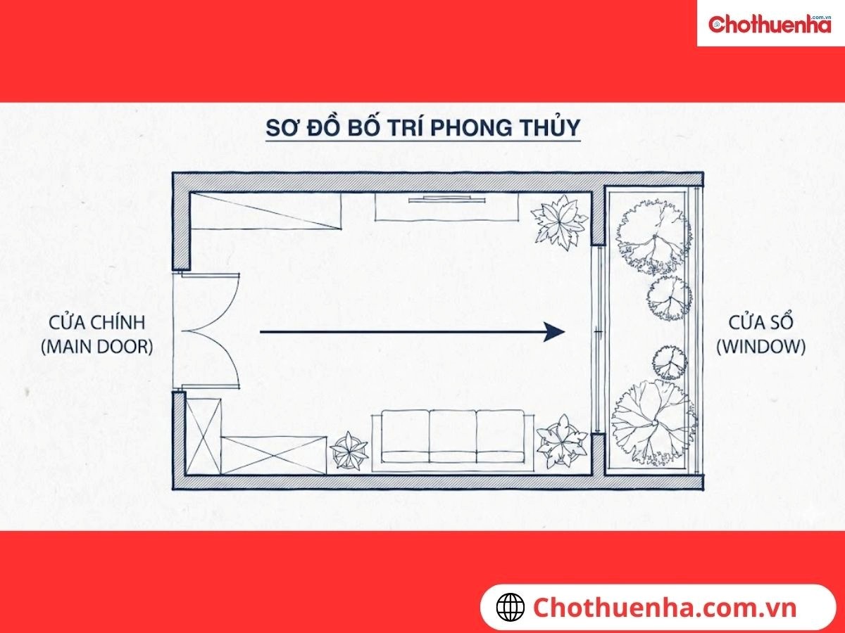  cửa chính đối diện với cửa sổ