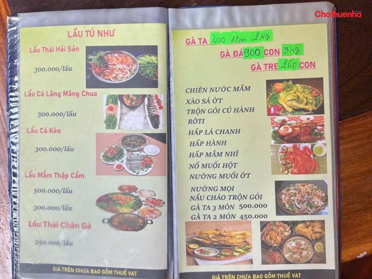 Menu tại Lẩu Gà Lá Quế Tú Như