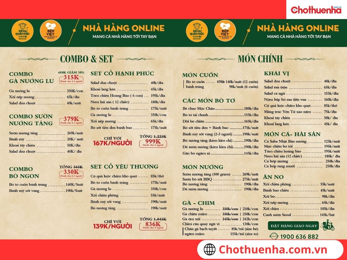 Menu tại Bò Tơ Quán Mộc