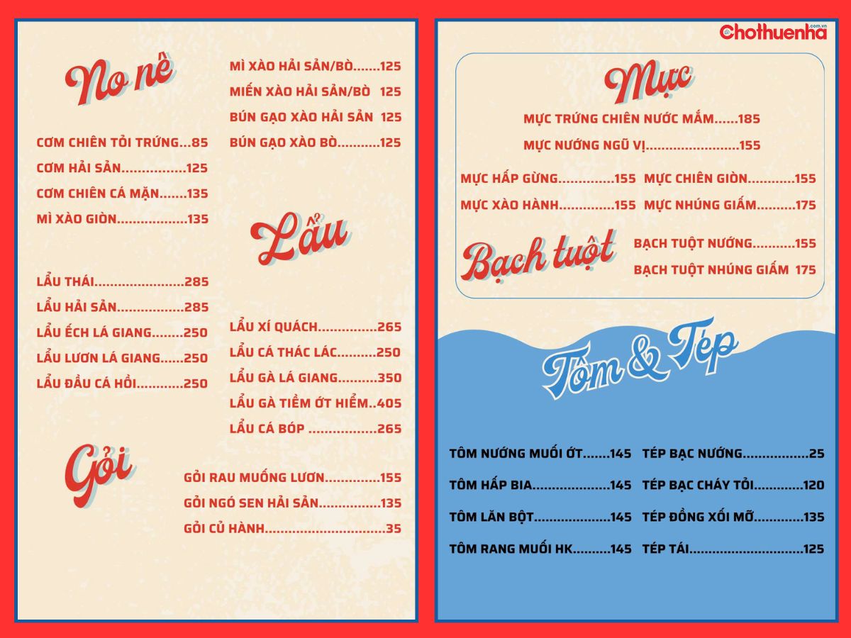 Tham khảo menu tại Quán Cây Bàng